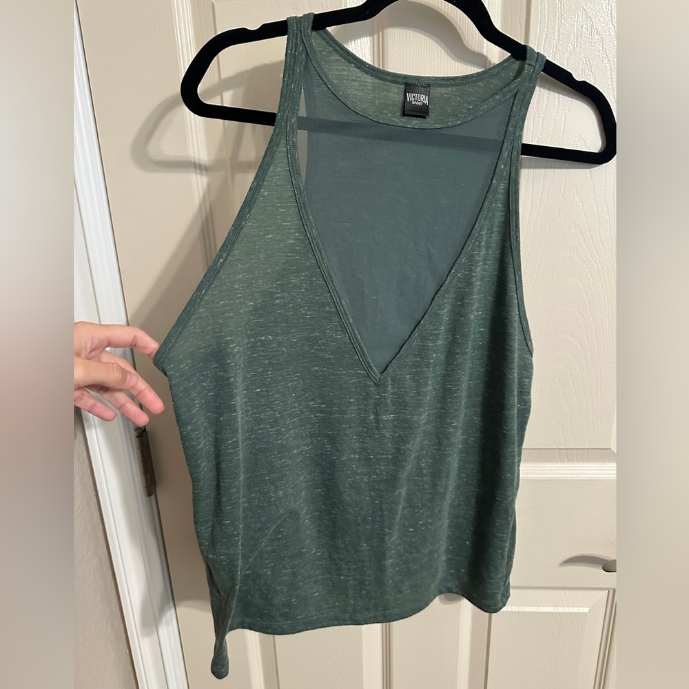 Victoria's Secret Sport Mesh Front V-Neck Tank Top, Heathered Green, Sz L - Picture 3 of 7